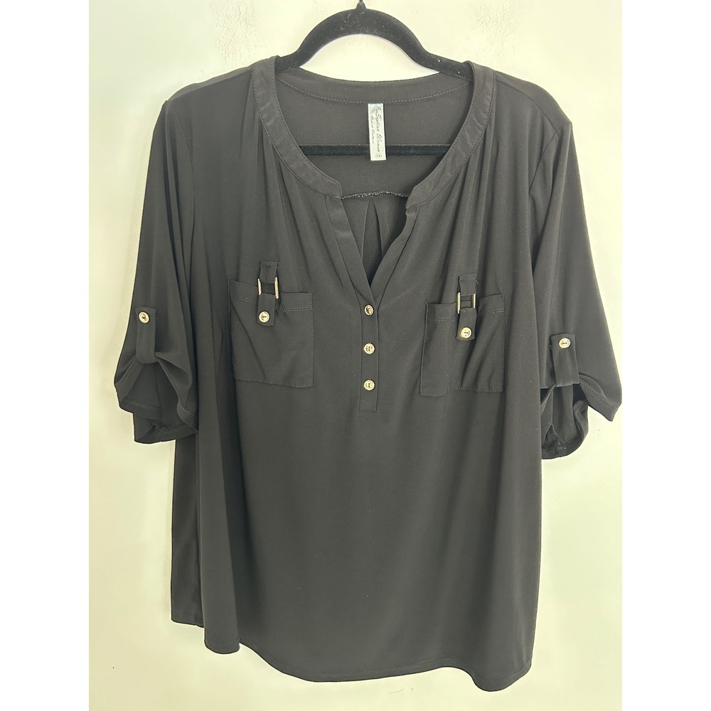 Perception Women Black Roll Tab Sleeve Henley Comfy Stretch Blouse 1X Gold Butto